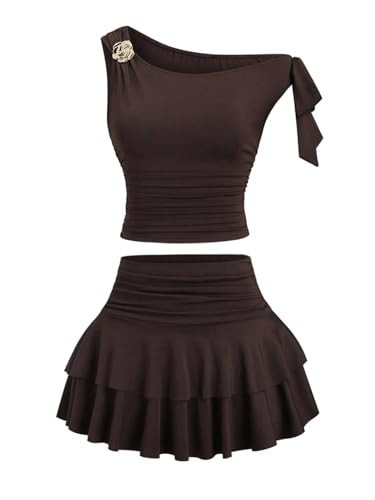 SOLY HUX Women's Two Piece Skirt Set Off The Shoulder Y2k Crop Top Ruffle Mini Skirts Going Out Outfits Coffee Brown Medium | Amazon (US)