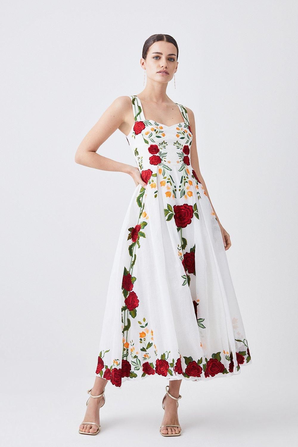 Petite Rose Embroidered Cotton Organdie Midi Dress | Karen Millen US