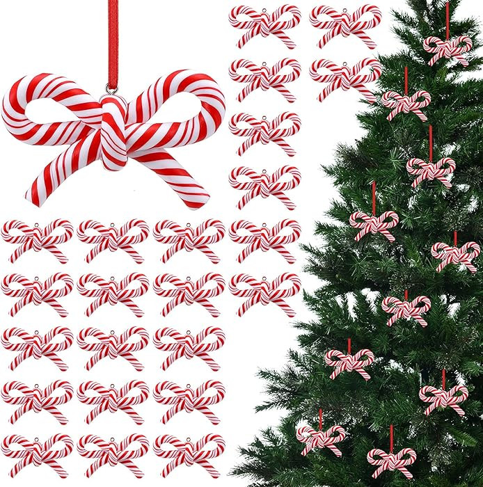 Hungdao 24 Pcs Bow Candy Cane Christmas Ornaments Red and White Christmas Tree Decoration Stripe ... | Amazon (US)