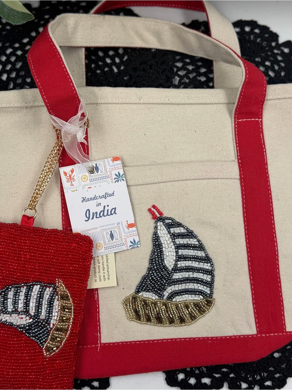viral beaded sailboat canvas tote bag with matching coin pouch nwt | Poshmark