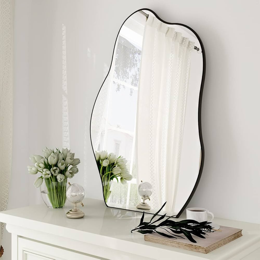 HARRITPURE Irregular Bathroom Mirror 20"x28" Black Modern Wall Mirror Wood Framed Asymmetrical De... | Amazon (US)