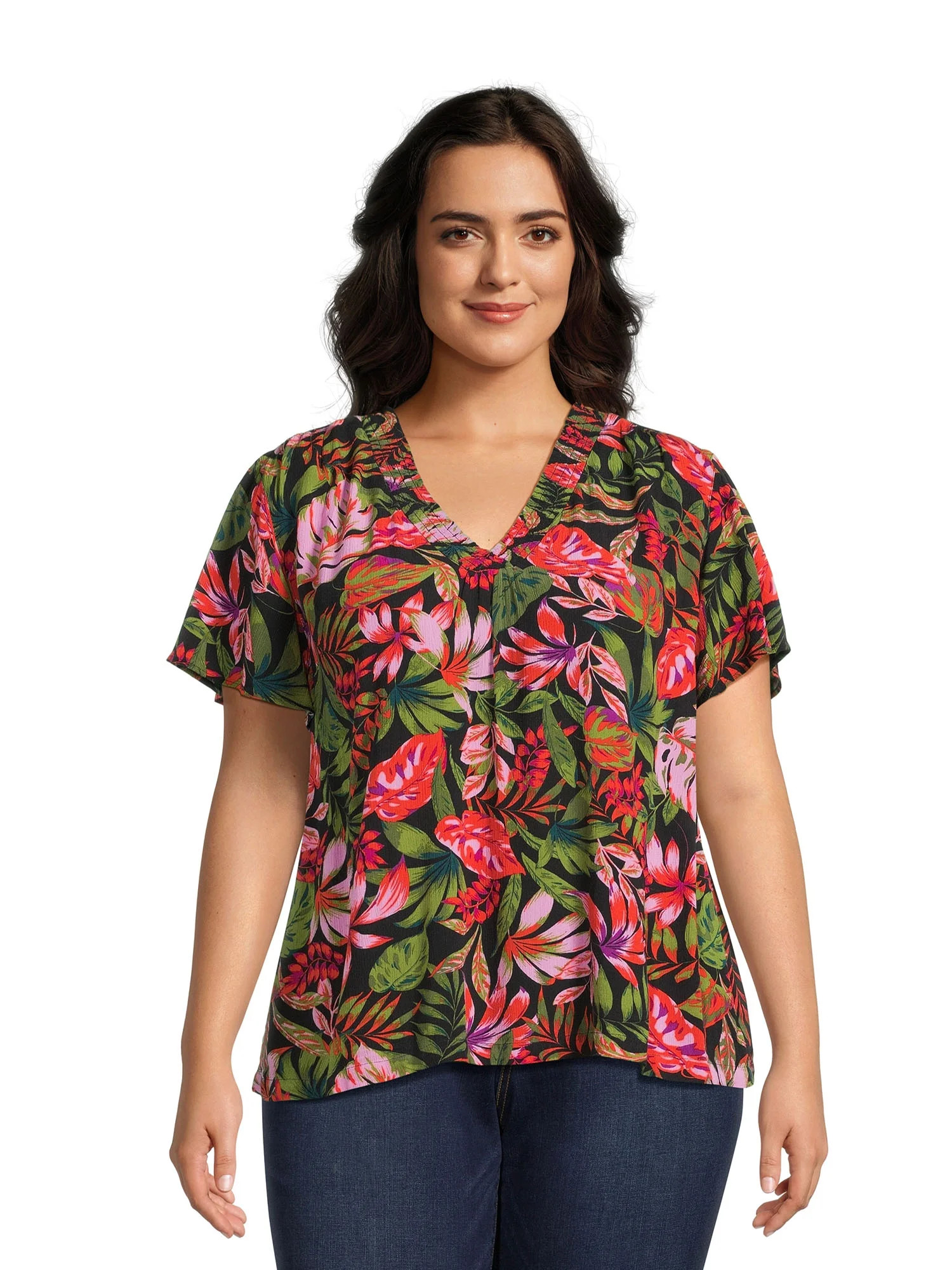 Terra & Sky Women's Plus Size V-Neck Top with Flutter Sleeves - Walmart.com | Walmart (US)