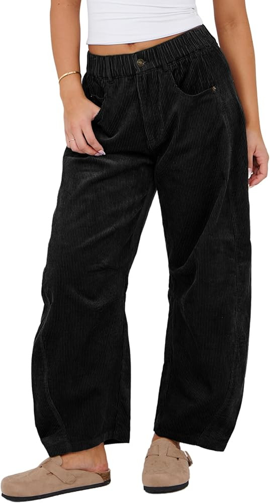 SeekMe Women's Corduroy Pants Barrel Mid-Rise Elastic Waist Cord Pants Casual Wide Leg Baggy Trou... | Amazon (US)