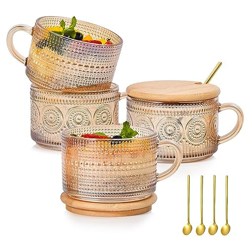 TIMIFTE Vintage Coffee Mugs Set of 4 Embossed Tea Cups, Overnight Oats Containers with Bamboo Lids and Spoons, 14oz Glass Coffee Cups for Cappuccino, Latte, Cereal, Yogurt, Beverage, Amber | Amazon (US)