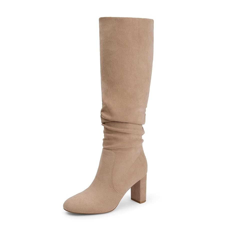 Soft Slouchy Knee High Boots Chunky Heel Slip On Vegan Suede Dress Boots Wide Shaft Relaxed Fit | Amazon (US)