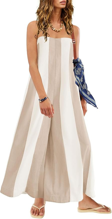 ReachMe Womens Summer Strapless Jumpsuits Striped Wide Leg Pants Romper with Pockets Travel Vacat... | Amazon (US)