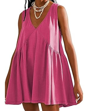 Women's V Neck Sleeveless Mini Dress Loose Summer Pleated Swing Flowy Sundress | Amazon (US)