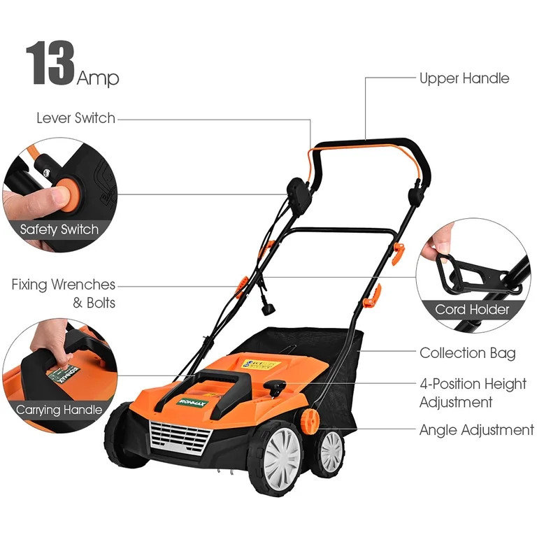 IronMax 13Amp Corded Scarifier 15" Electric Lawn Dethatcher w/50L Collection Bag Orange | Walmart (US)