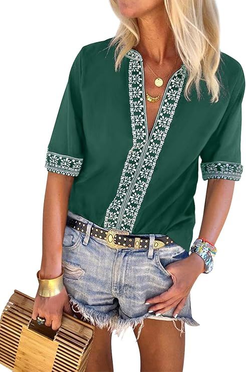 Chase Secret Womens Casual V Neck Shirt Boho Print Short Sleeve Tops Loose Blouse (S-XXL) … | Amazon (US)