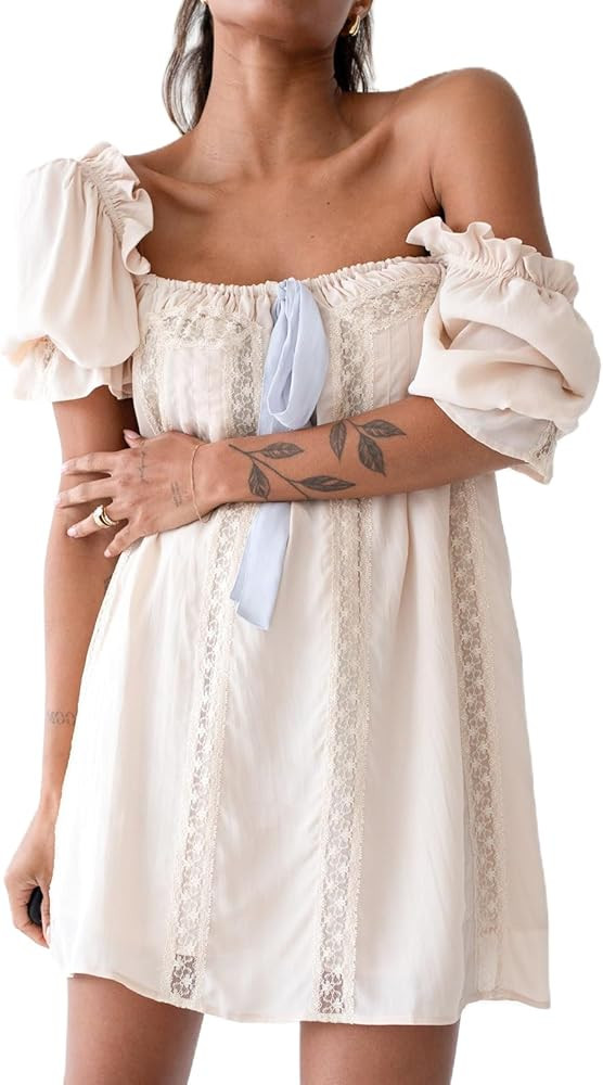 Women Y2k Nightgown Short Puff Sleeve Flowy Babydoll Dress Cute Square Neck Ruffle Dress Sleepwea... | Amazon (US)