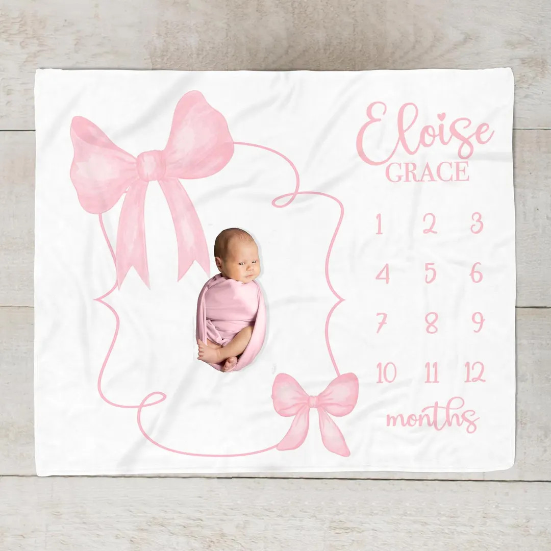 Pink Bow Milestone Blanket, Personalized Baby Girl Month Blanket, Custom Baby Girl Baby Shower Gi... | Etsy (US)