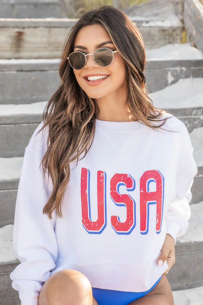 USA Distressed White Cropped Corded Graphic Sweatshirt | Pink Lily