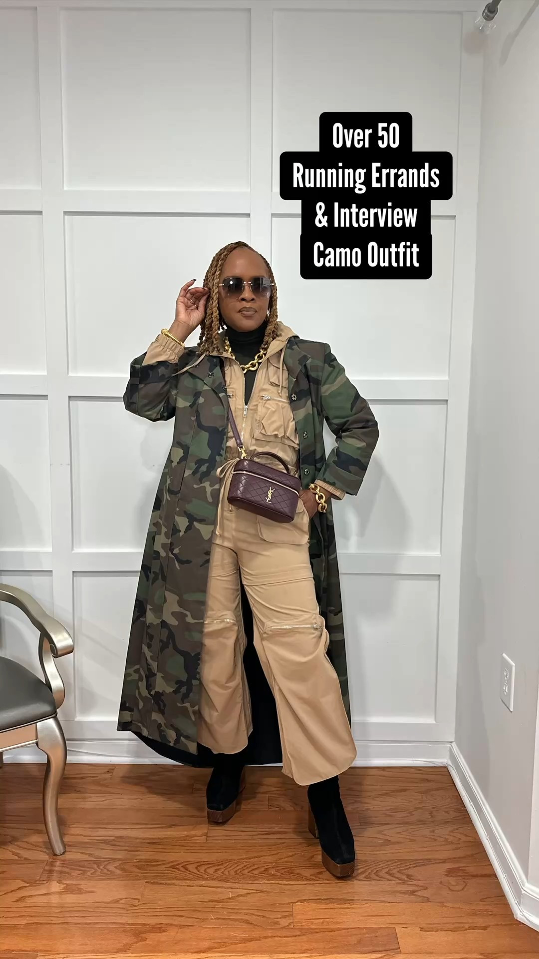 Camouflage coat and cargo jumpsuit with suede and wood ankle platform boots 

This comfy look was perfect to run errands and for a store interview about my style for women over 50

#LTKvlog #LTKdayinmylife #LTKOver40