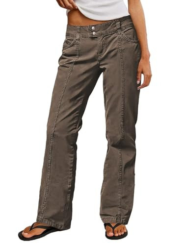 Flamingals Straight Leg Cargo Pants for Women Mid Rise Stretchy Seam Front Business Casual Dress Pants Dark Khaki S | Amazon (US)