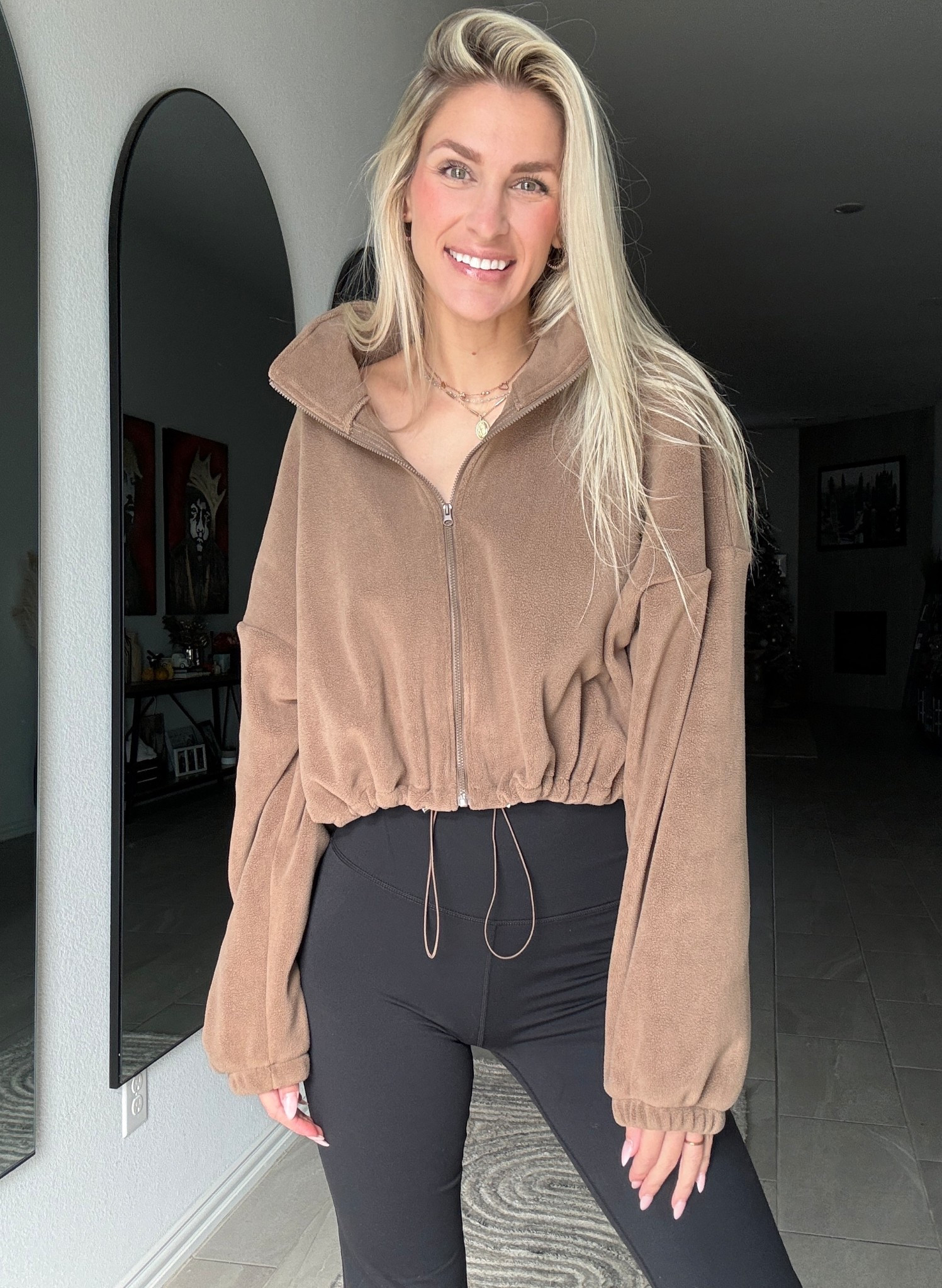 This brown sherpa jacket is giving cozy and cool. It’s a cropped 20-inch length with a full zip and stand collar, so you’re actually warm and bundled. The bungee hem? Obsessed — it keeps cold air out and gives that cute baggy shape. Super soft, super plush, and lightweight but warm. If you love a trendy cropped jacket that still does the job, this is it. Perfect for fall errands or layering on the go!

#LTKgrwm #LTKCyberWeek #LTKTall