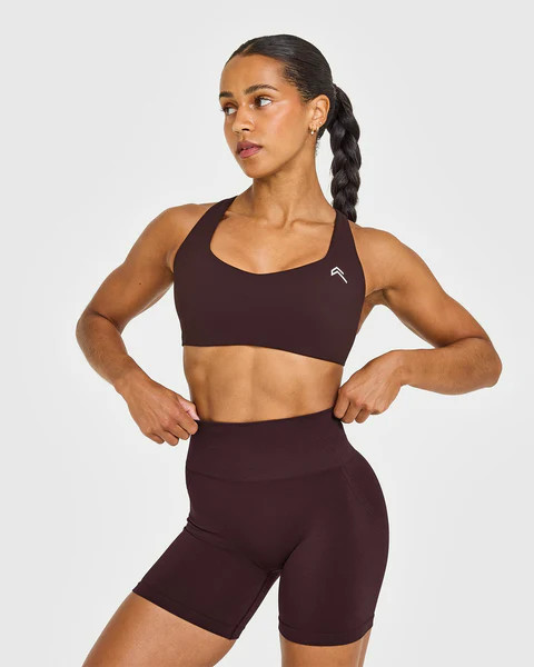 EasyLift™ Cross Back Sports Bra with White Logo 
 Plum Brown | Oner Active (UK / US)