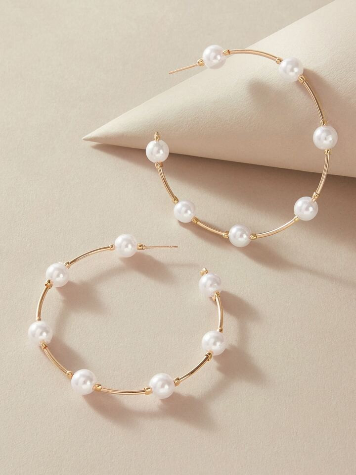 SHEIN Belle Faux Pearl Decor Cuff Hoop Earrings | SHEIN