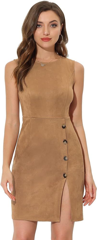 Allegra K Women's Sheath Dress Sleeveless Button Decor Side Slit Suede Work Pencil Dress | Amazon (US)