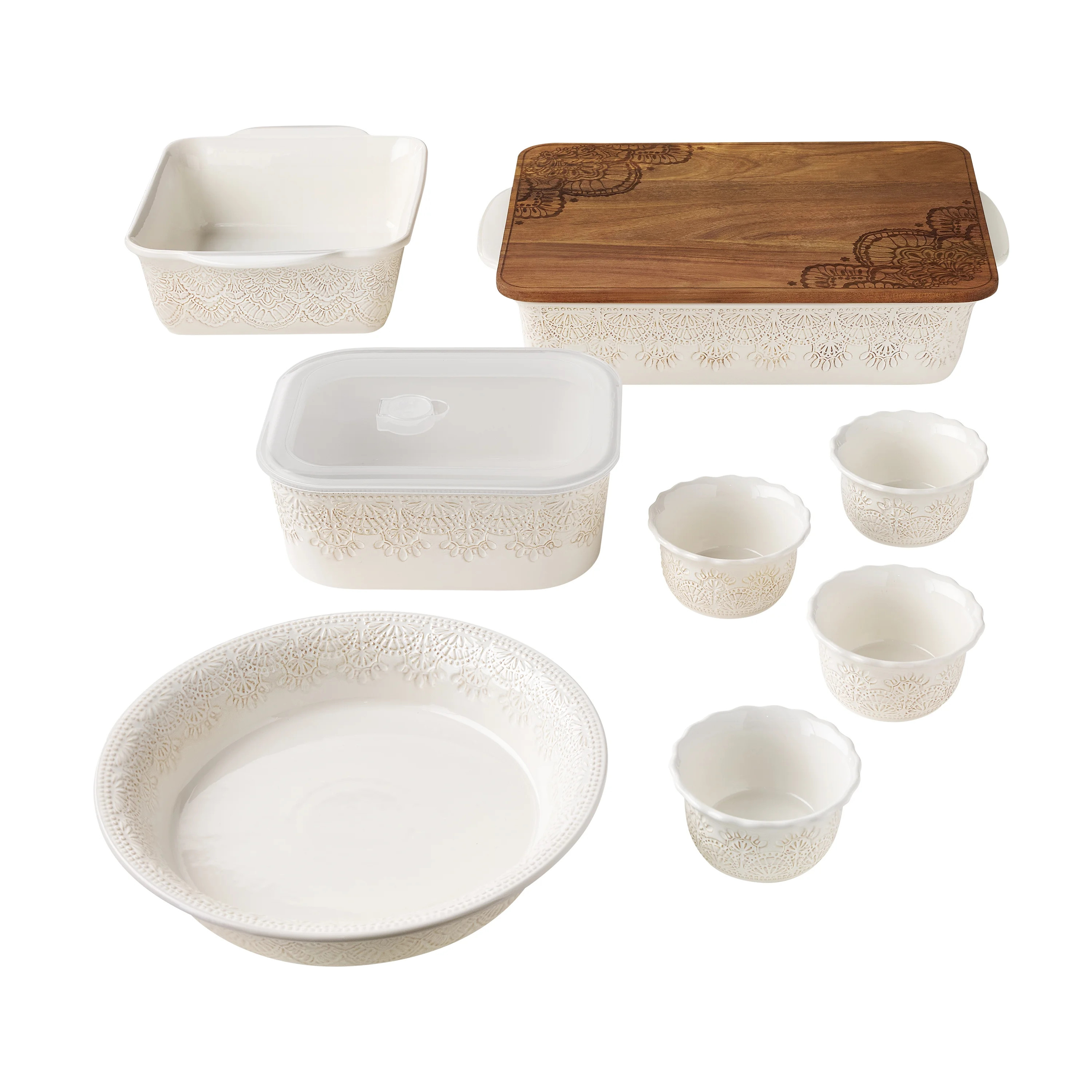 The Pioneer Woman Vintage Lace 10-Piece Ceramic Bakeware and Storage Set,  Linen | Walmart (US)