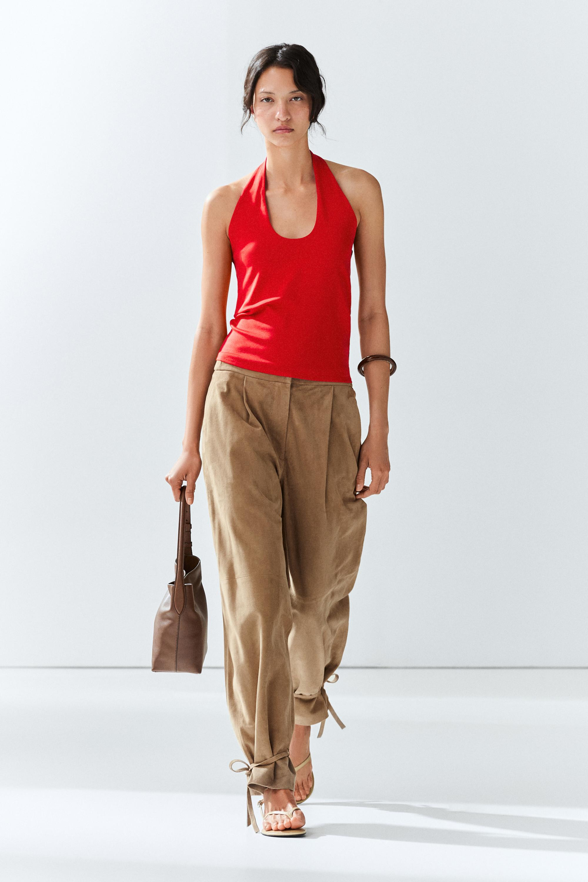 Suede leather pants with tie-detail hems | Massimo Dutti UK