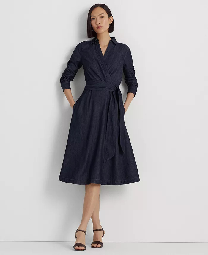 Women's Self-Belt Long-Sleeve Surplice Georgette Midi Dress | Macy's