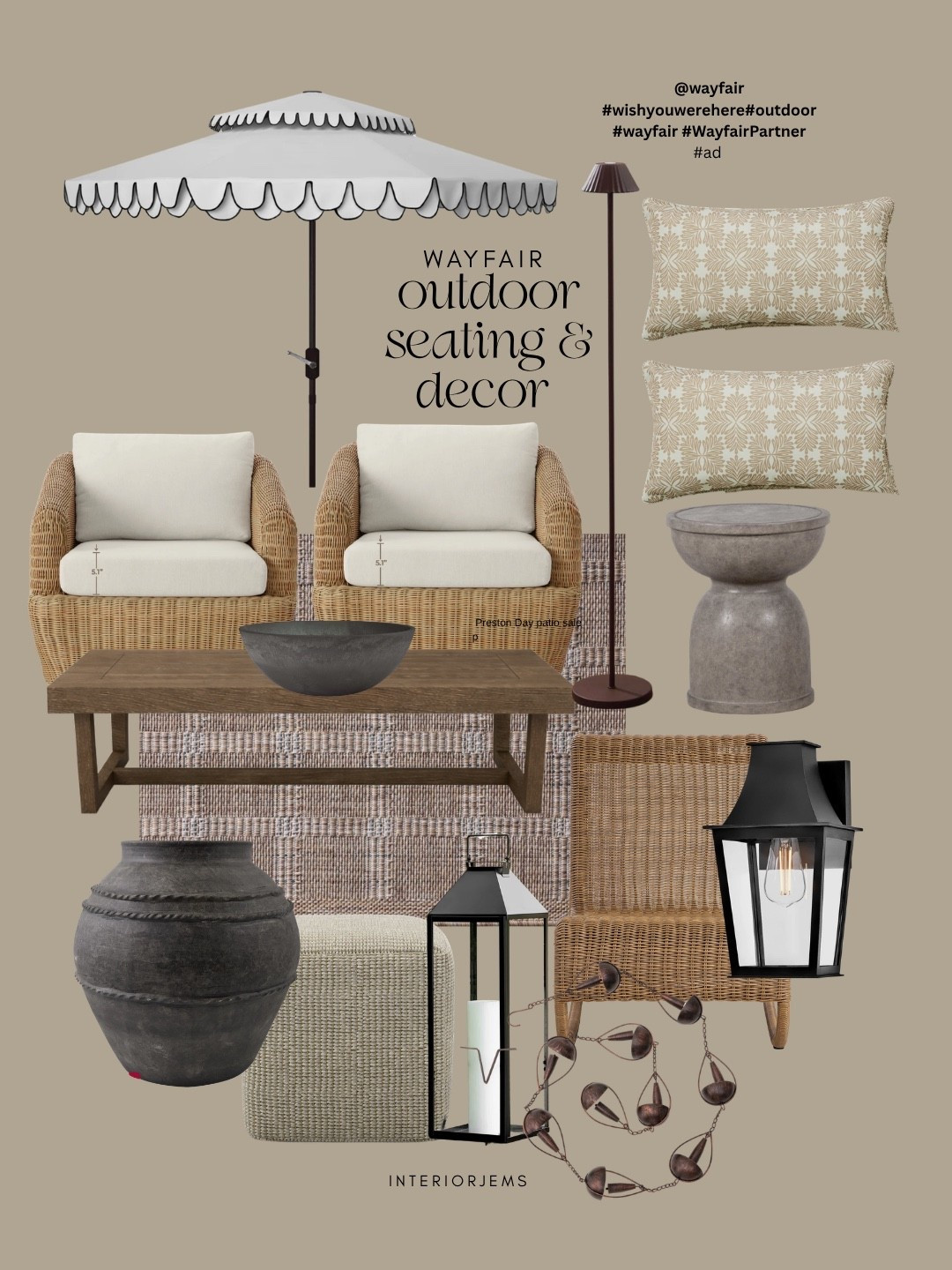 #ad Some of my favorite outdoor seating and decor finds from Wayfair right now 🤎 From the scalloped umbrella to the woven seating, lanterns, lighting, and neutral decor pieces… everything has that relaxed high-end patio feel without looking too overdone. #wishyouwerehere #outdoor #wayfair #WayfairPartner

#LTKHome