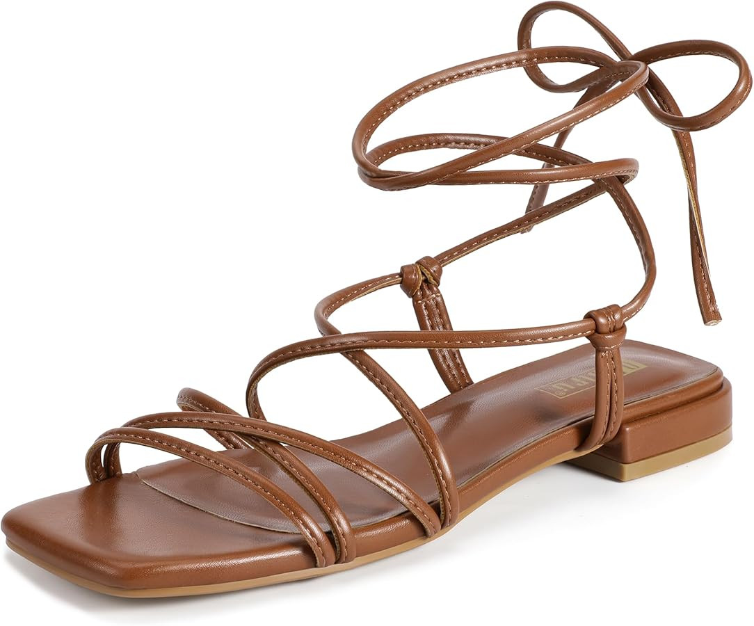IDIFU Strappy Lace Up Flat Sandals for Women Tie Up Square Open Toe Ankle Wrap Straps Dressy Glad... | Amazon (US)