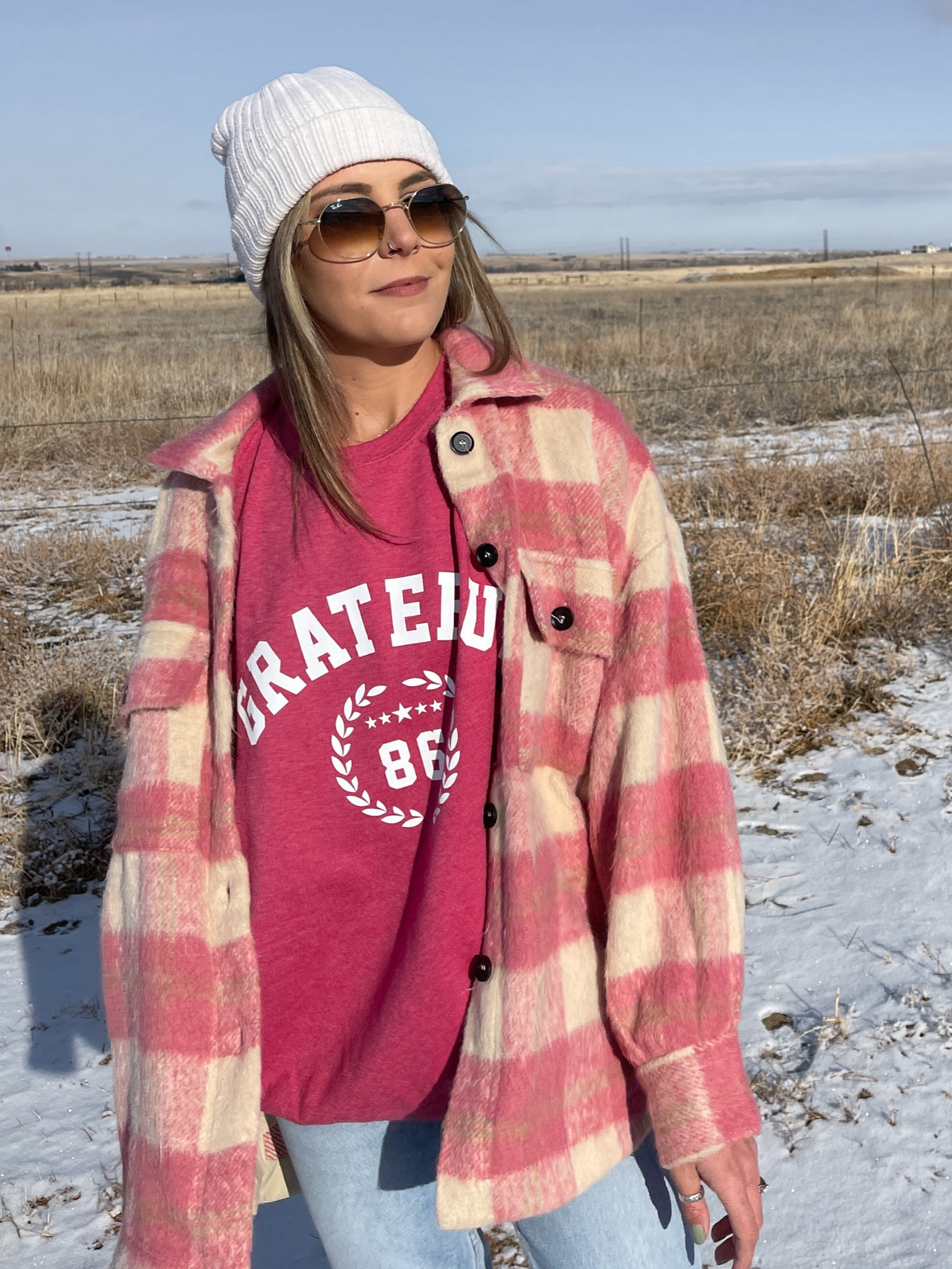 Grateful sweatshirt I sized up for big fit. Pink plaid jacket runs a little oversized so I went with true to size. Walmart beanie and my favorite ray ban sunglasses 

#LTKunder100 #LTKstyletip