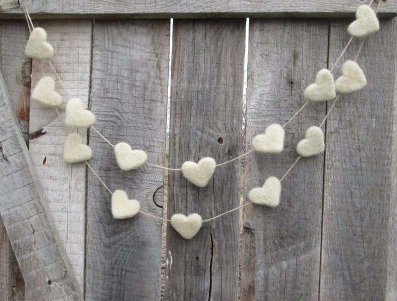 White Heart Banner Felt Heart Garland Valentine's Felt Hearts White Wedding Rustic Decor Felted H... | Etsy (US)
