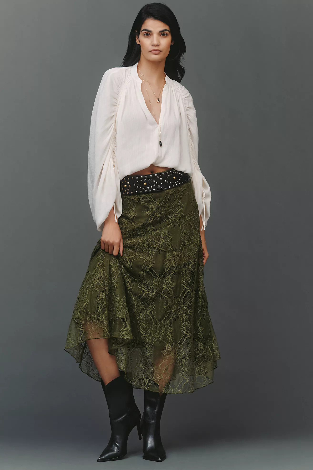 By Anthropologie Asymmetric Drop-Waist Lace Midi Skirt | Anthropologie (US)