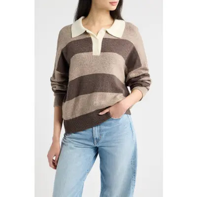 A.REN Raelyn Stripe Long Sleeve Polo in Mocha at Nordstrom, Size Large | Nordstrom