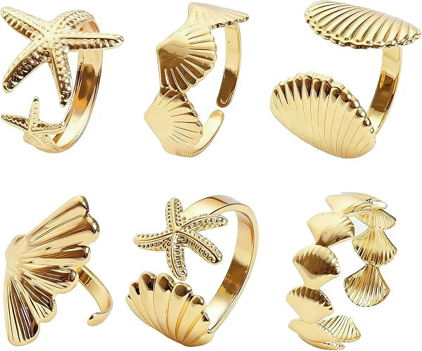 6Pcs Gold Seashell Rings for Women Beach Surfer Starfish 18k Gold Plated Trendy Dainty Seashell W... | Amazon (US)