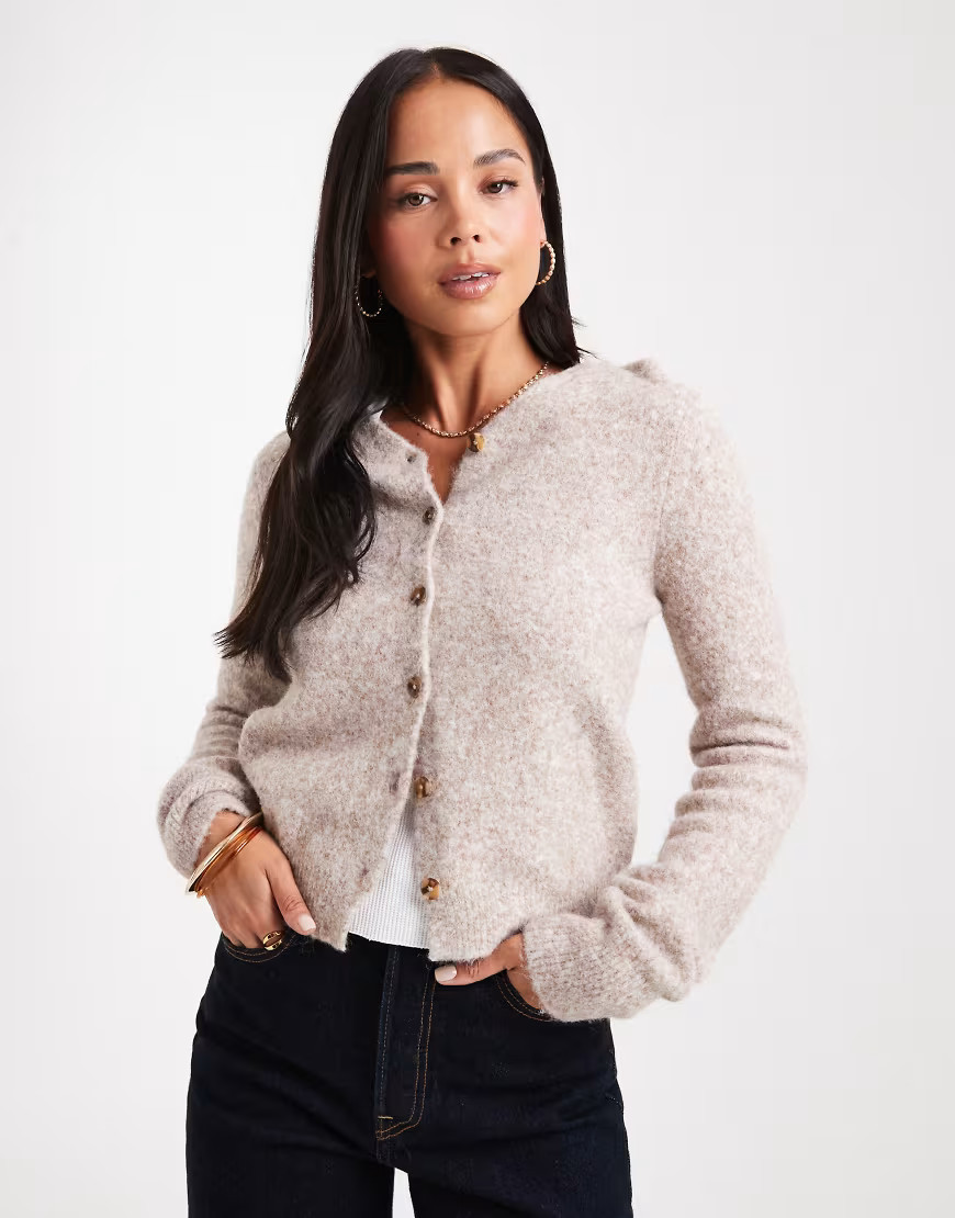ASOS DESIGN v neck fitted cardigan in oatmeal-Brown | ASOS (Global)