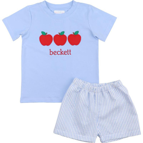 Blue Stripe Seersucker Applique Apple Short Set | Cecil and Lou