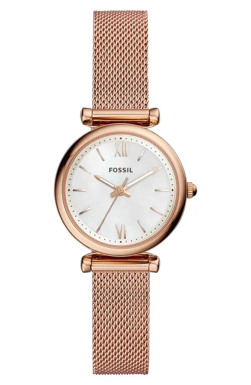 Fossil Mini Carlie Mesh Strap Watch, 28mm in Rosegold/mother Pearl/rosegold at Nordstrom | Nordstrom