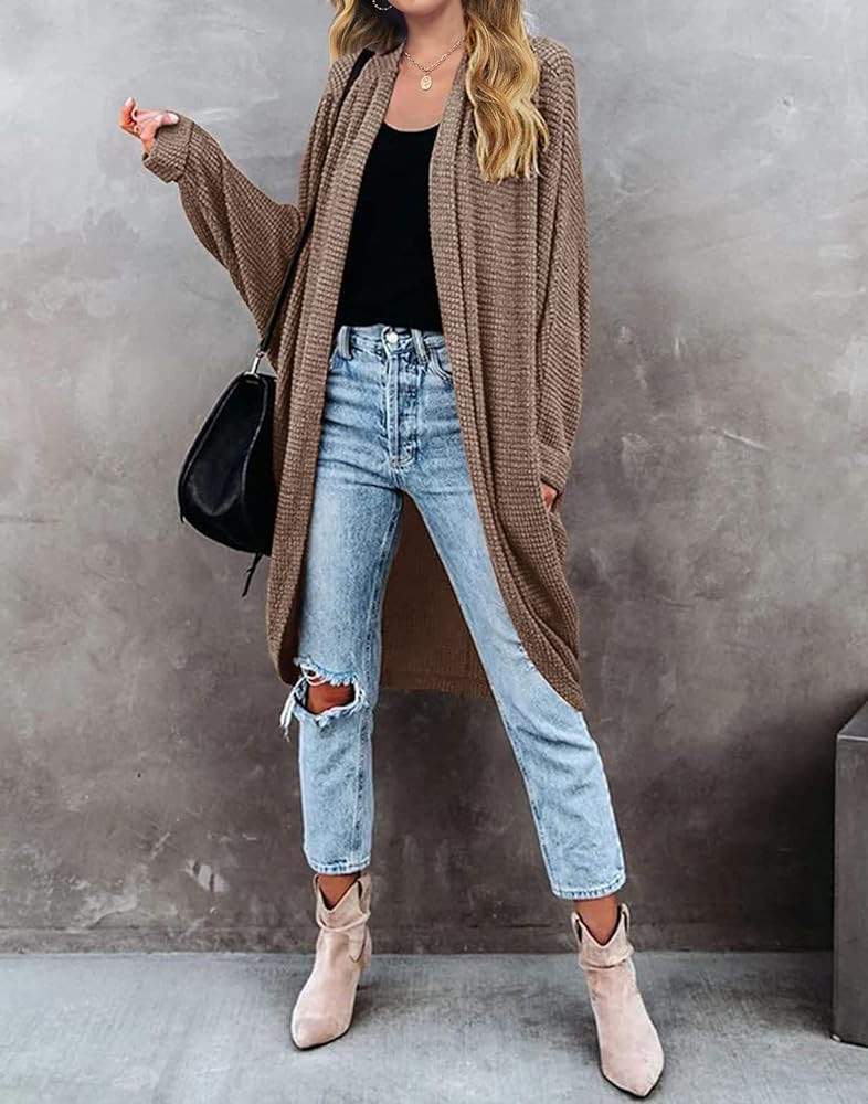 MEROKEETY Women's Waffle Knit Batwing Long Sleeve Cardigan Loose Open Front Sweater Coat | Amazon (US)