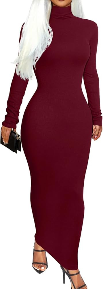 Memoriesea Vestido básico de cuello alto para mujer, manga larga, acanalado, ajustado, para oto... | Amazon (US)