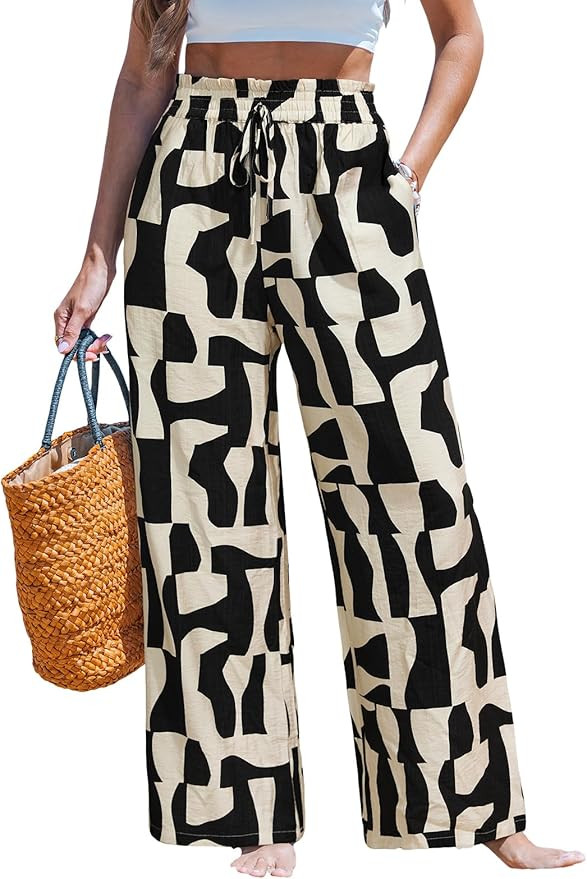 CUPSHE Women Wide Leg Beach Pants Tropical Floral Plus Size Pants with Pockets Vacation Casual Dr... | Amazon (US)