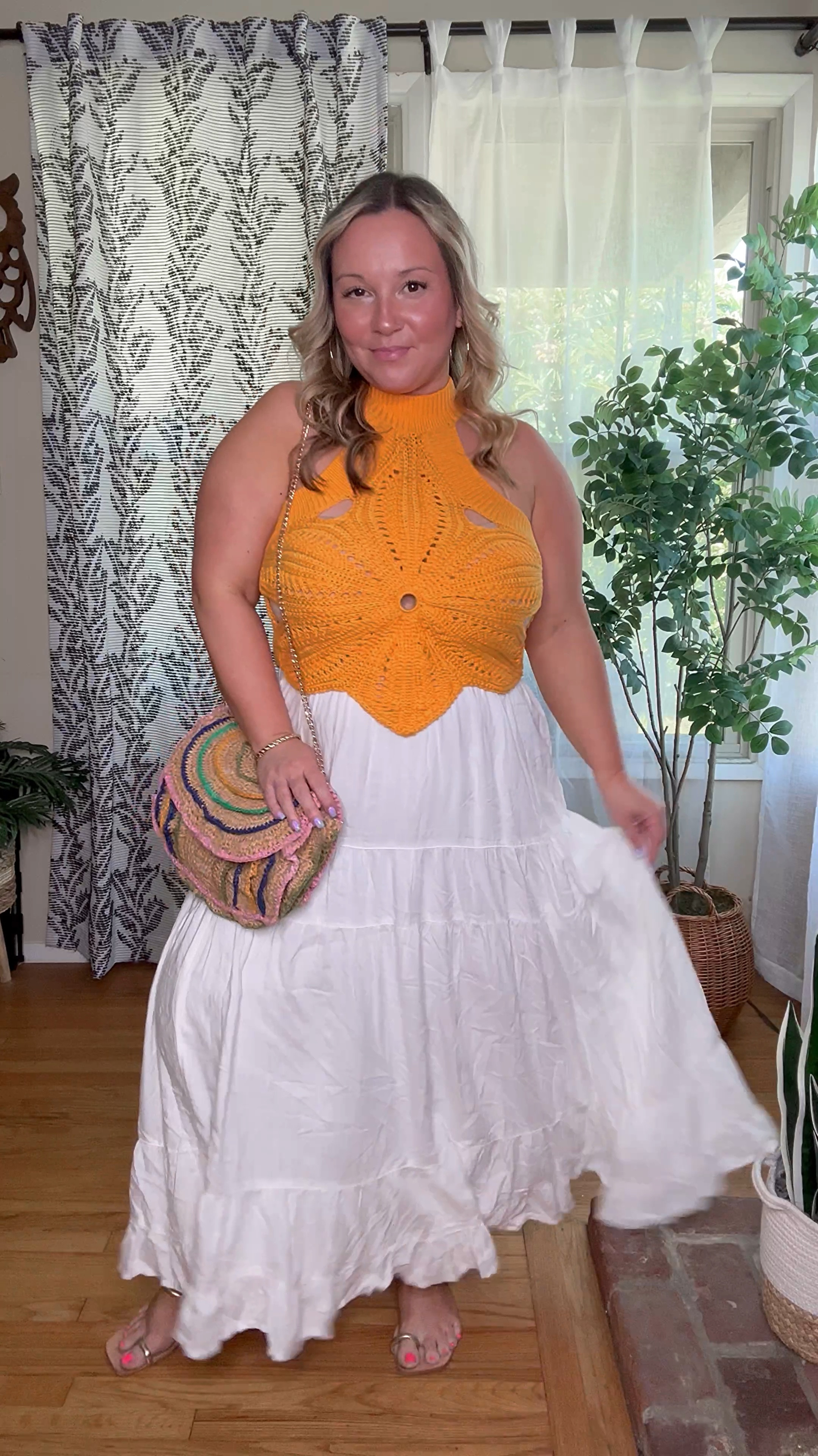 Midsize spring outfit 
Sweater top size large. It is cropped, but it is soft and stretchy 
Skirt size medium 
Resort wear, vacation outfit, travel outfit 

#LTKmidsize #LTKSeasonal #LTKover40