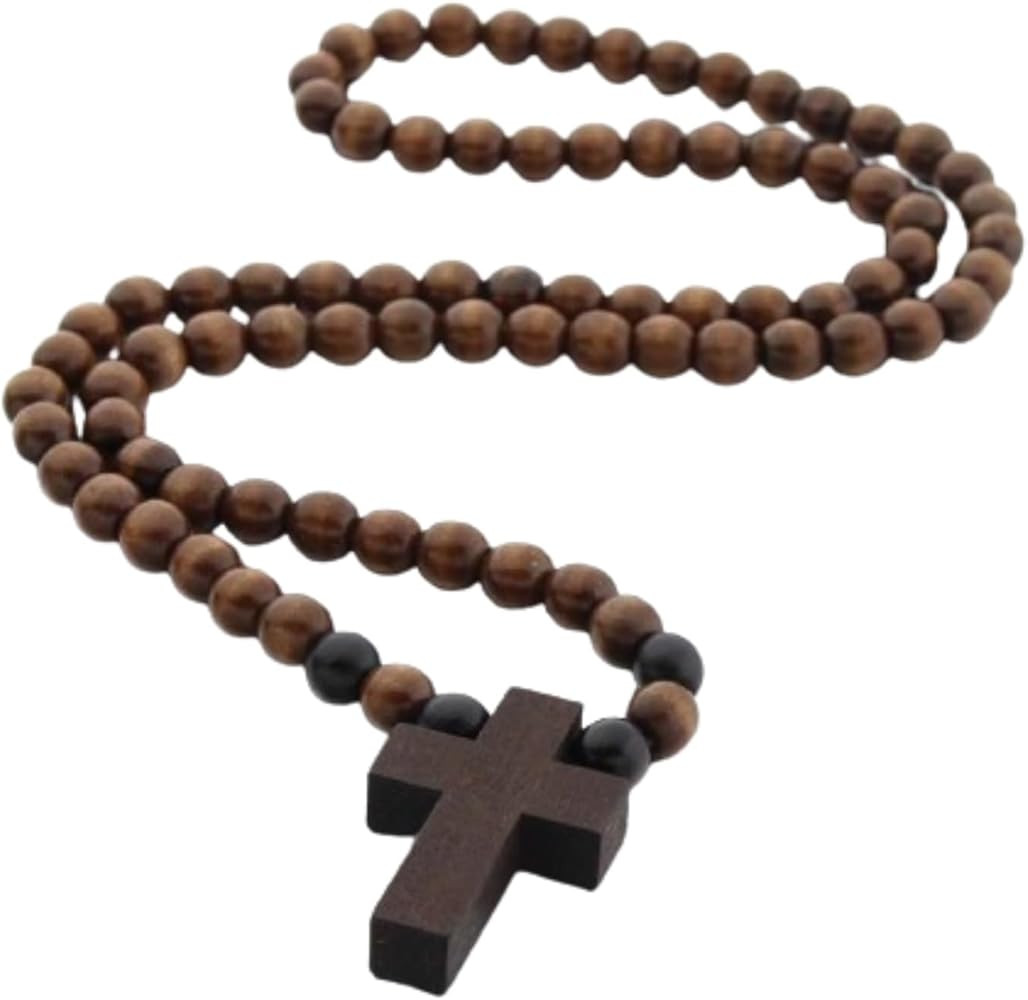 Natural Wooden Beaded Cross Pendant Necklace Handmade Religious Rosary Cross Necklace Inspiration... | Amazon (US)