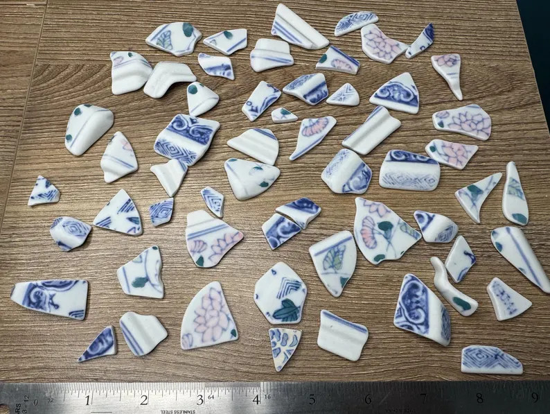 50 Pieces Cultured Beach Pottery for Mosaics Lotus Asian Pattern Broken China Blue Pink - Etsy | Etsy (US)