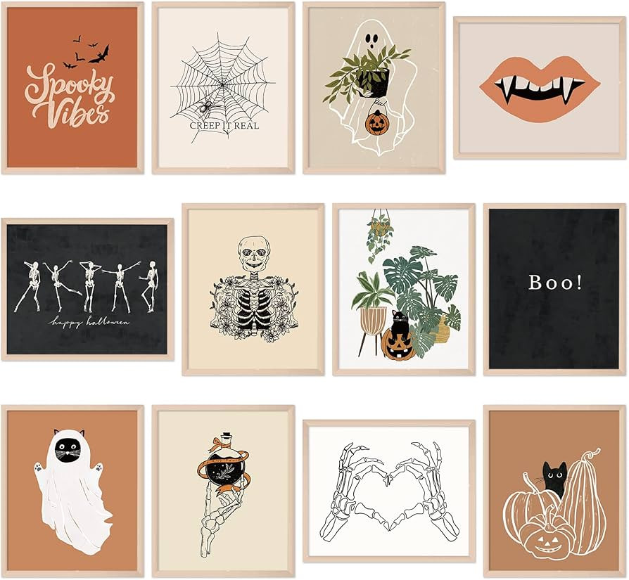 Whaline 12Pcs Halloween Wall Art Prints 8x10 Inch Boho Skeleton Ghost Black Cat Art Poster Decor ... | Amazon (US)