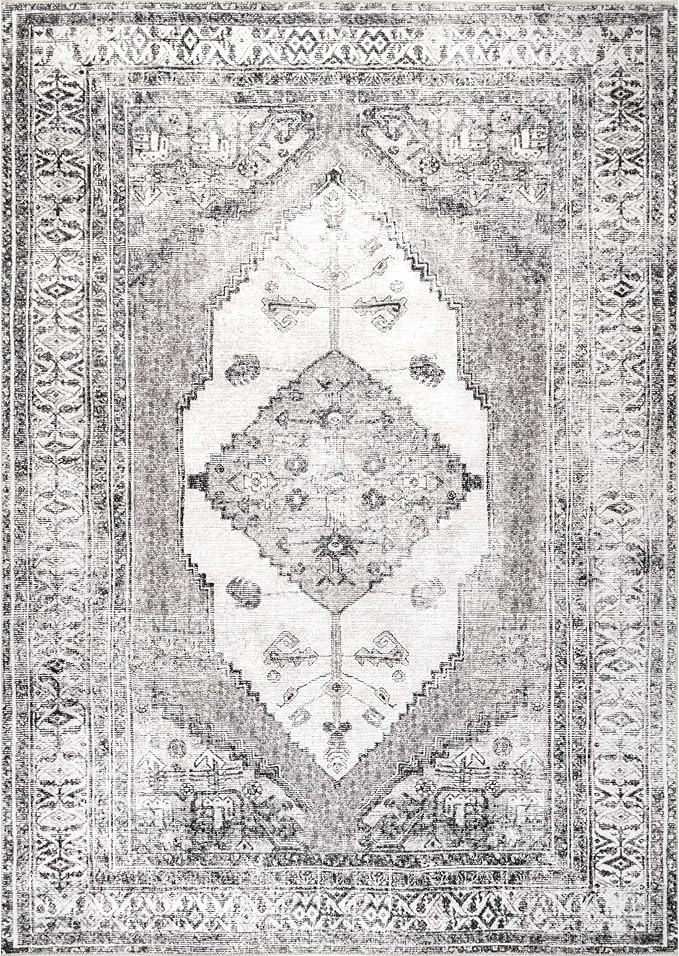 nuLOOM Gladys Machine Washable Vintage Medallion Area Rug, 4' x 6', Light Grey | Amazon (US)
