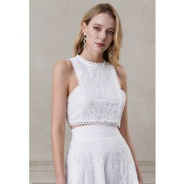 Paisley Eyelet Embroidery Sleeveless Crop Top in White | Chicwish