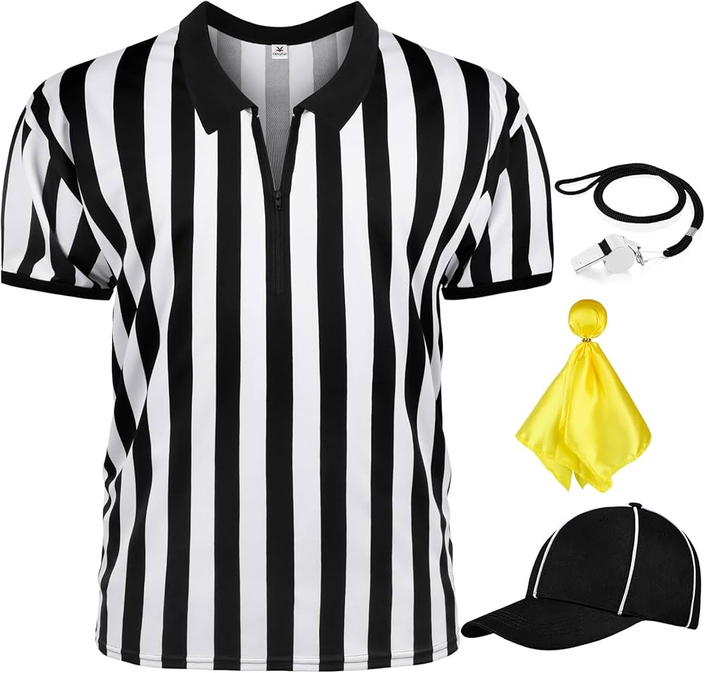 4 Pcs Referee Costume, Ref Shirt Referee Costume Men Zipper Collar Umpire Jersey Shirt Black and ... | Amazon (US)