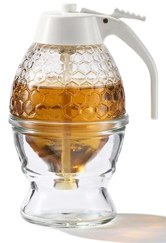 PAULSWAY Glass Honey Dispenser, Food-Grade ABS White Lid – No Drip Glass with Stand – 8 oz Honey Jar – Honeycomb Design Container – Honey Pot for Honey, Maple Syrup | Amazon (US)