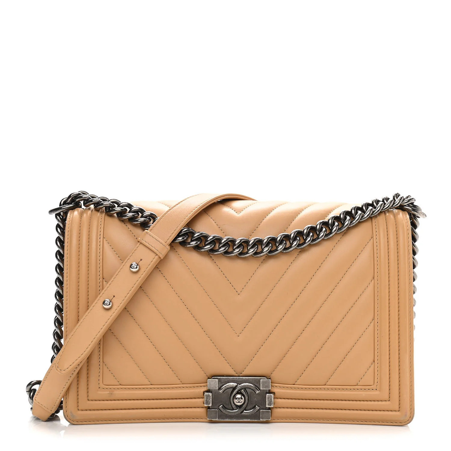 Calfskin Chevron Quilted New Medium Boy Flap Beige | FASHIONPHILE (US)