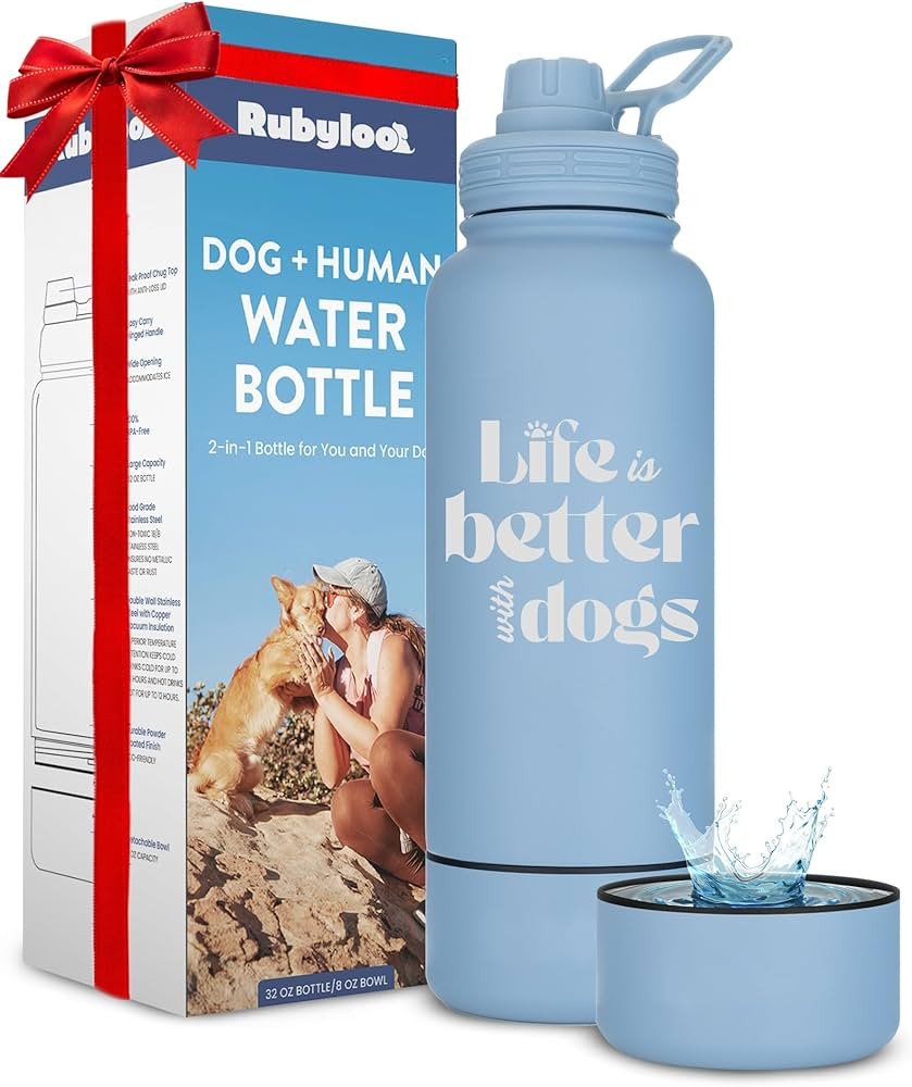 Dog Water Bottle for Dog Lovers - 32 oz Stainless Steel Double Wall Insulated Water Bottle with 8 oz Attached Dog Bowl - Ideal Dog Lover Gifts for Women - “Life is Better with Dogs” - Dusty Blue | Amazon (US)
