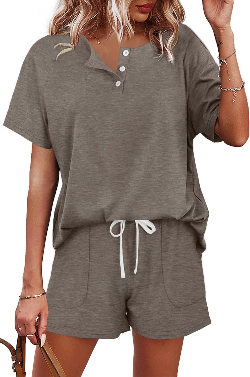 Amazon.com: Womens Loungewear Set 2 Piece Outfits Tshirts Shorts for Summer Khaki L : Clothing, S... | Amazon (US)