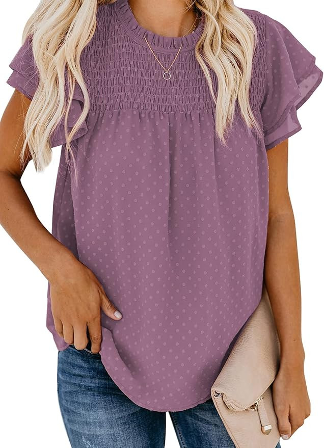 Dokotoo Womens Crewneck Lace Crochet Pom Pom Flowy Short Sleeve Casual Shirts Blouses Tops | Amazon (US)